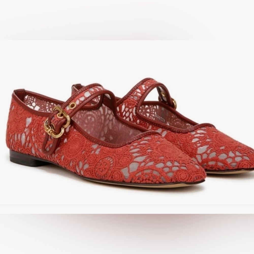 Sam Edelman Michaela Deep Scarlet Mesh lace Fabric Mary Jane Flats size 10 new - Picture 10 of 11
